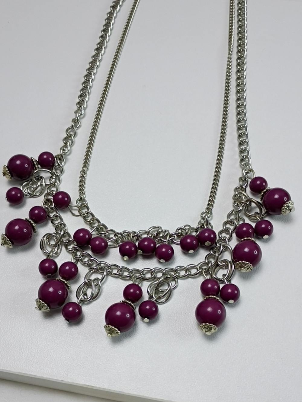 Women's Silver Chain Necklace with Deep Berry Beads